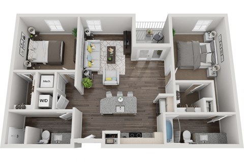 Floor plan for 2 beds, 2 baths, 1047 sqft